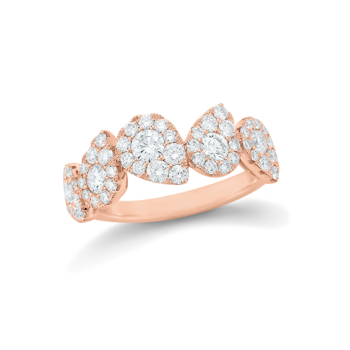 Diamond Stagggerd Pear-shaped Halo Ring  -18k gold, 3.21 grams  -50 round shared prong-set diamonds .69 carats  -5 round diamonds .52 carats.  Size 8 mm width approx.