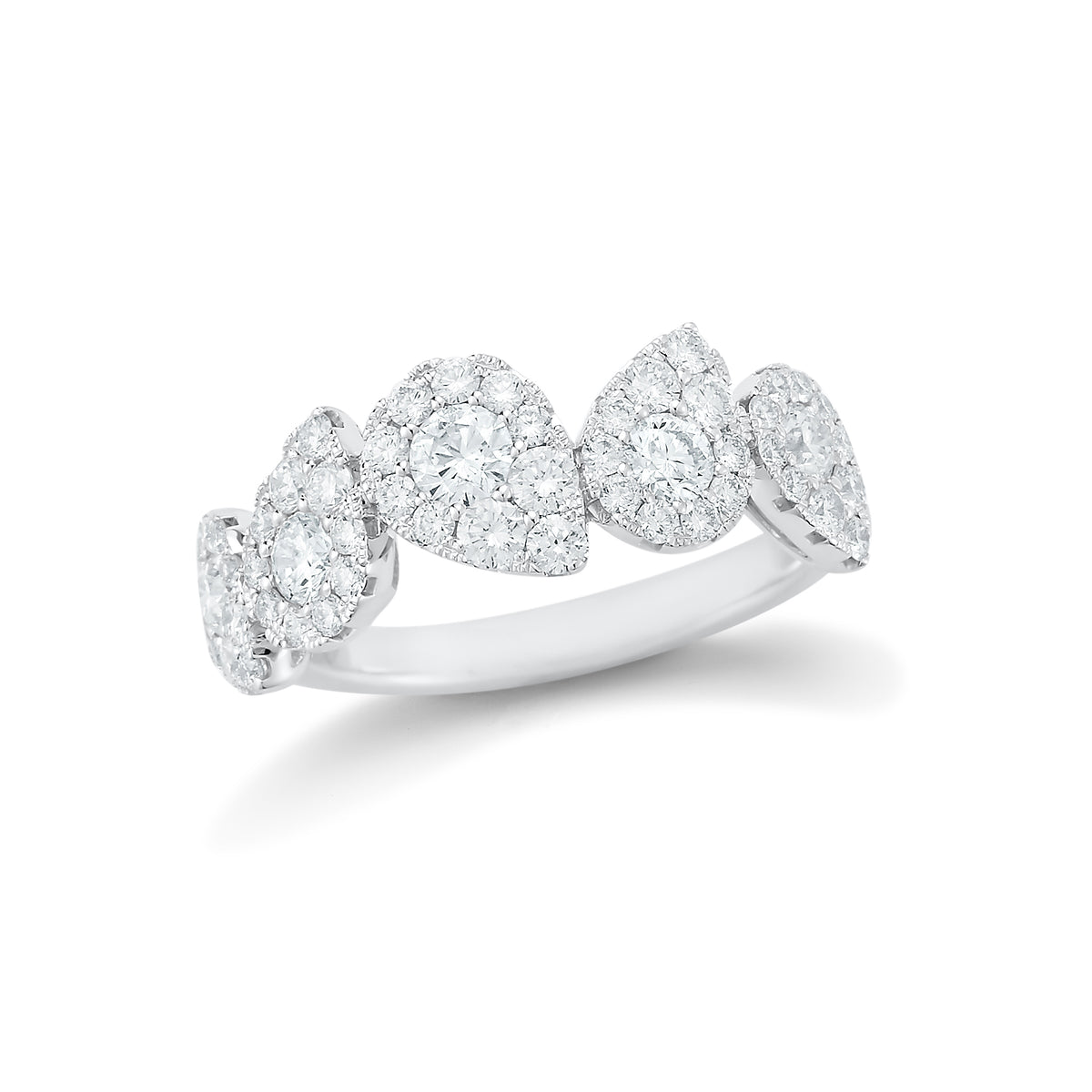 Diamond Stagggerd Pear-shaped Halo Ring  -18k gold, 3.21 grams  -50 round shared prong-set diamonds .69 carats  -5 round diamonds .52 carats.  Size 8 mm width approx.