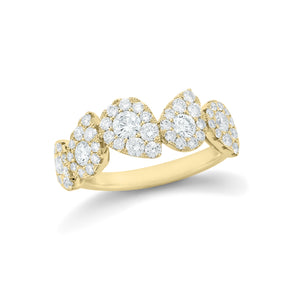 Diamond Stagggerd Pear-shaped Halo Ring  -18k gold, 3.21 grams  -50 round shared prong-set diamonds .69 carats  -5 round diamonds .52 carats.  Size 8 mm width approx.