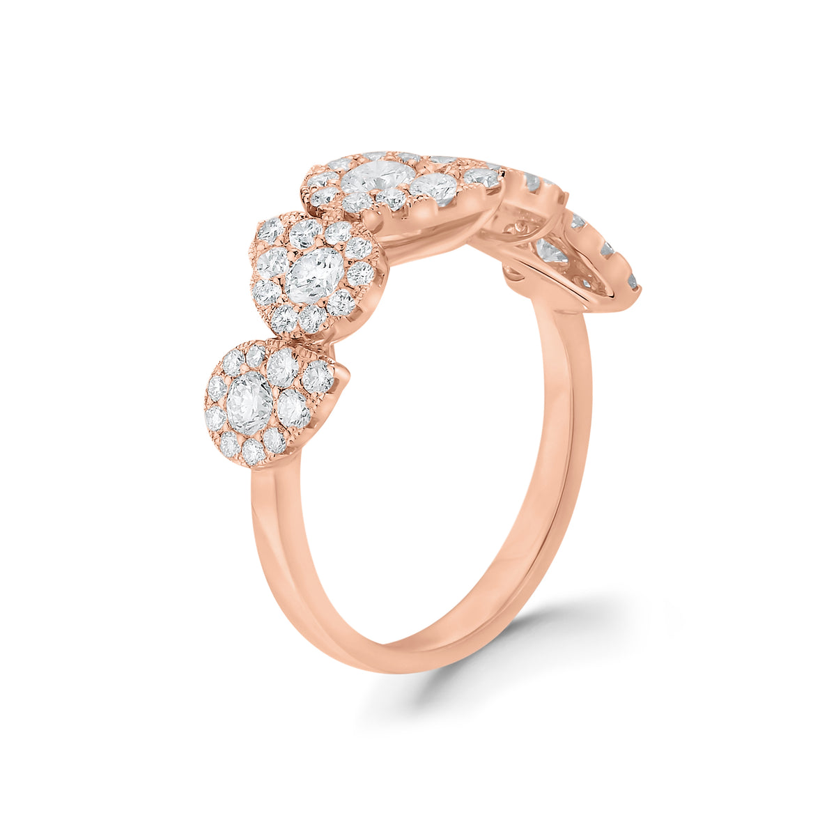 Diamond Stagggerd Pear-shaped Halo Ring  -18k gold, 3.21 grams  -50 round shared prong-set diamonds .69 carats  -5 round diamonds .52 carats.  Size 8 mm width approx.