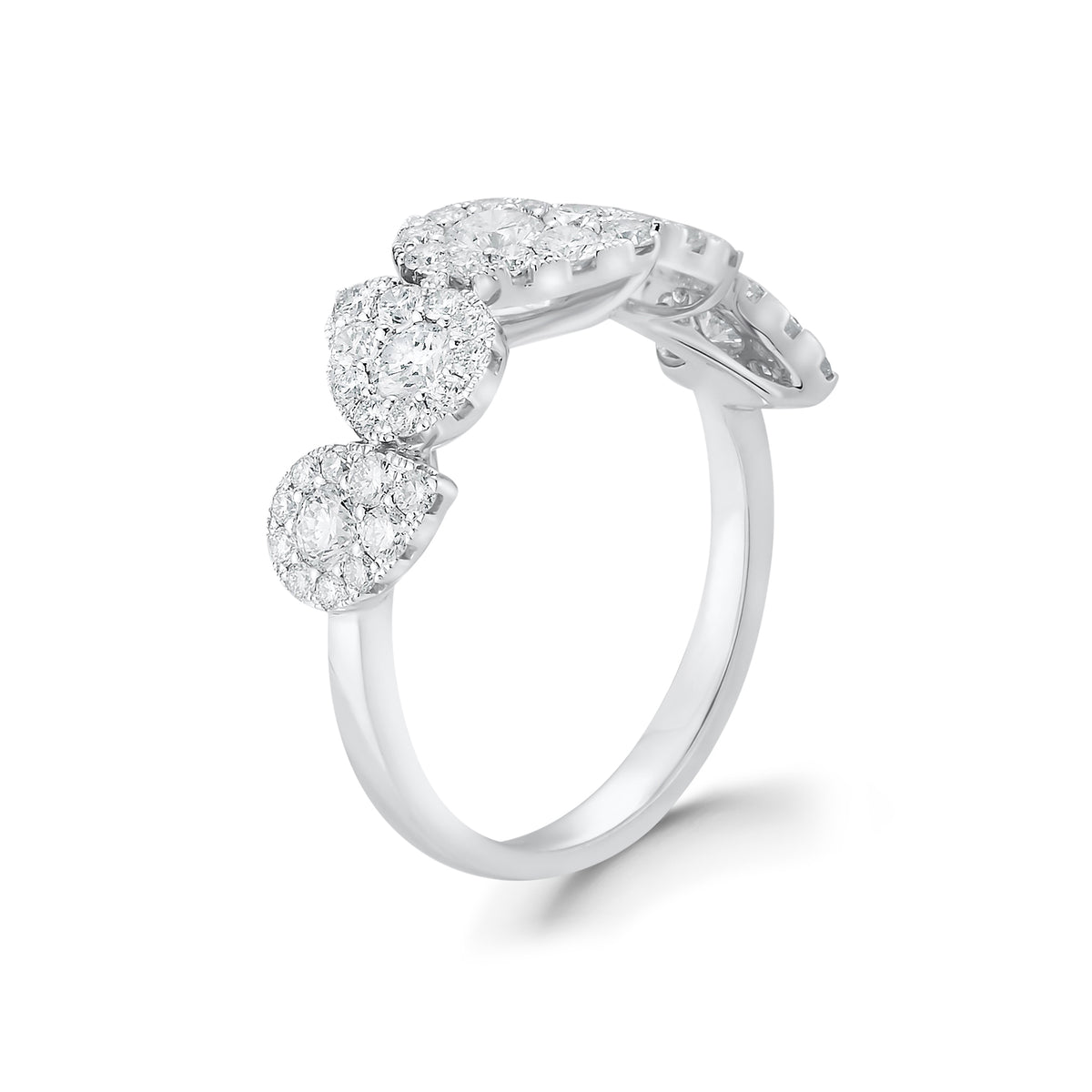 Diamond Stagggerd Pear-shaped Halo Ring  -18k gold, 3.21 grams  -50 round shared prong-set diamonds .69 carats  -5 round diamonds .52 carats.  Size 8 mm width approx.