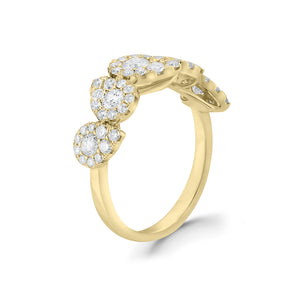 Diamond Stagggerd Pear-shaped Halo Ring  -18k gold, 3.21 grams  -50 round shared prong-set diamonds .69 carats  -5 round diamonds .52 carats.  Size 8 mm width approx.