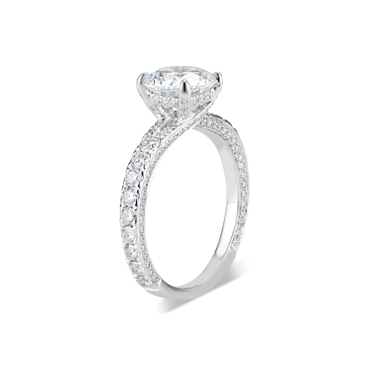 Round Diamond Engagement Ring with Bypass Shank  -18K weighting 3.22 GR  - 134 round diamonds totaling 0.99 carats