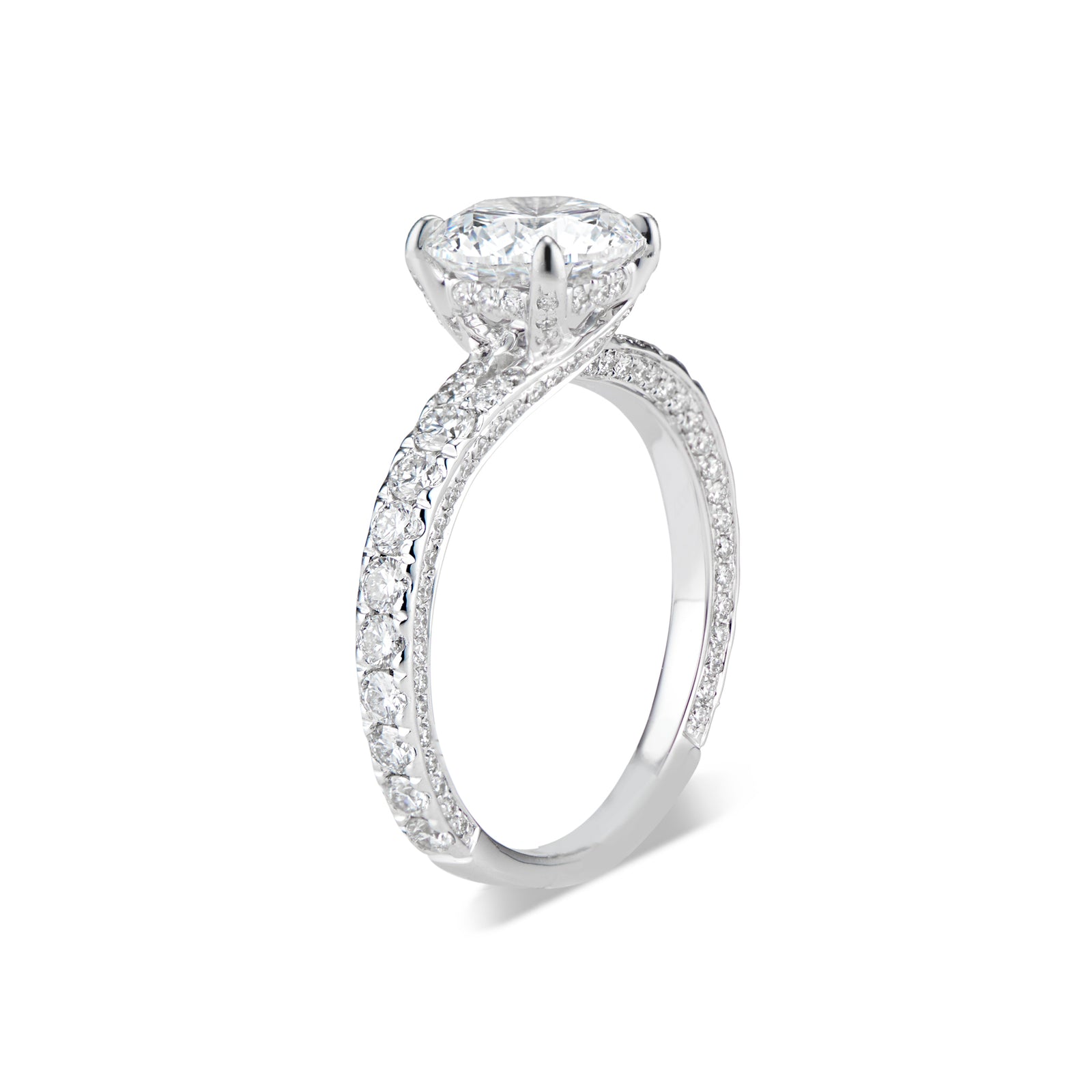 Round Diamond Engagement Ring with Bypass Shank  -18K weighting 3.22 GR  - 134 round diamonds totaling 0.99 carats
