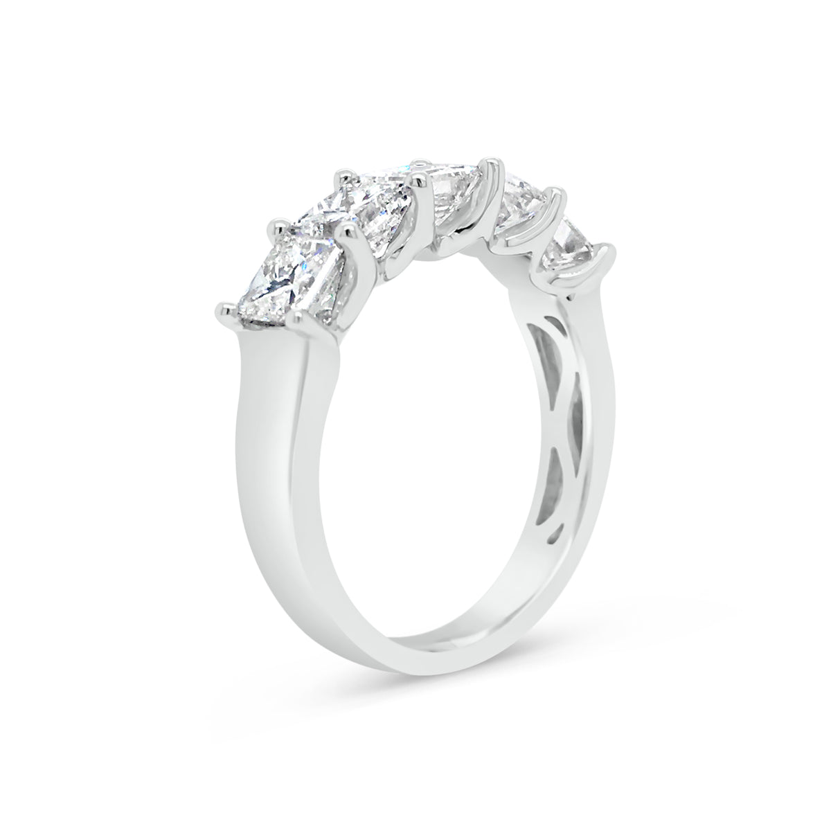 Princess-Cut Diamond Ring  -18k gold weighing 4.20 grams  -5 princess-cut four prong-set diamonds weighing 2.42 carats with G-H VS2-SI1