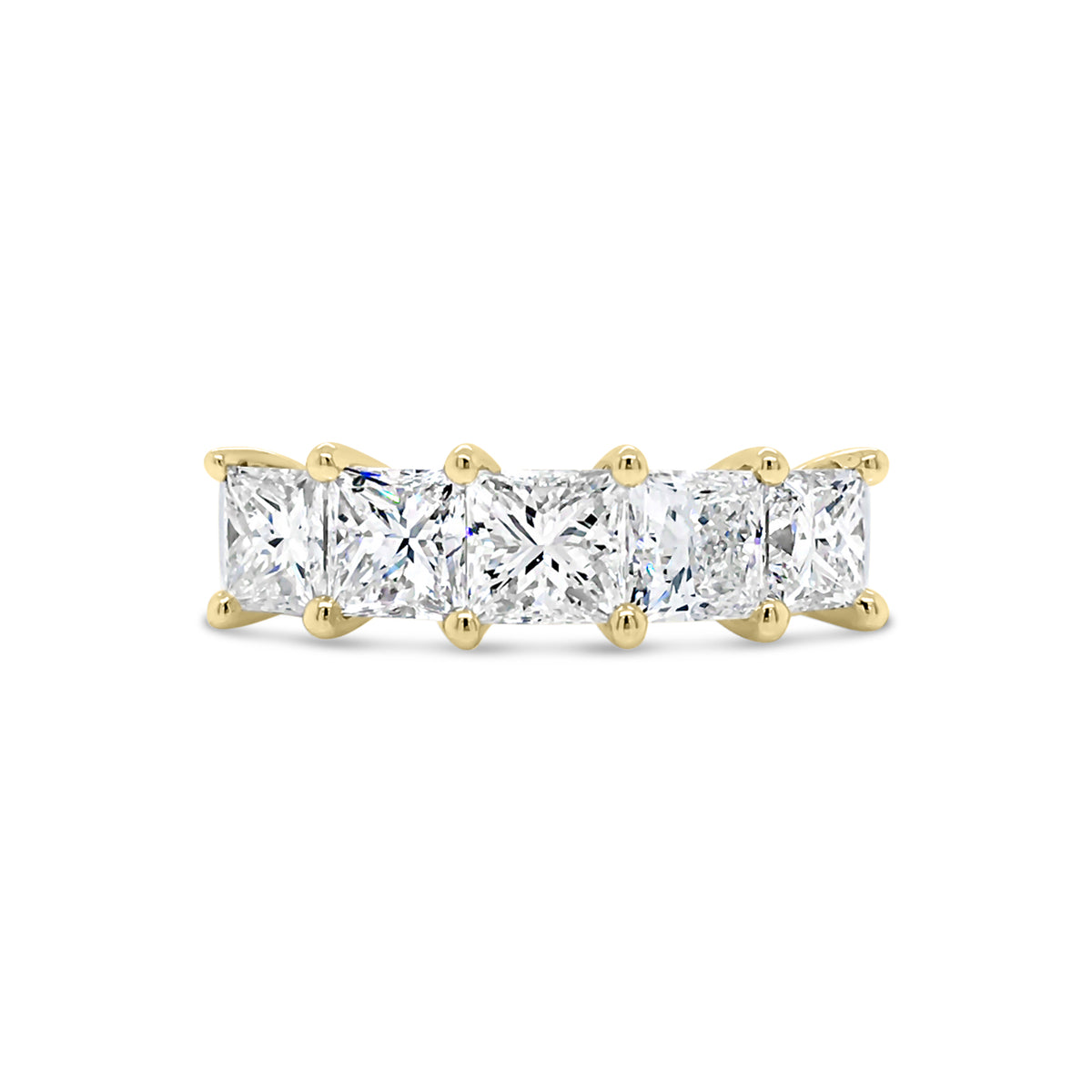 Princess-Cut Diamond Ring  -18k gold weighing 4.20 grams  -5 princess-cut four prong-set diamonds weighing 2.42 carats with G-H VS2-SI1
