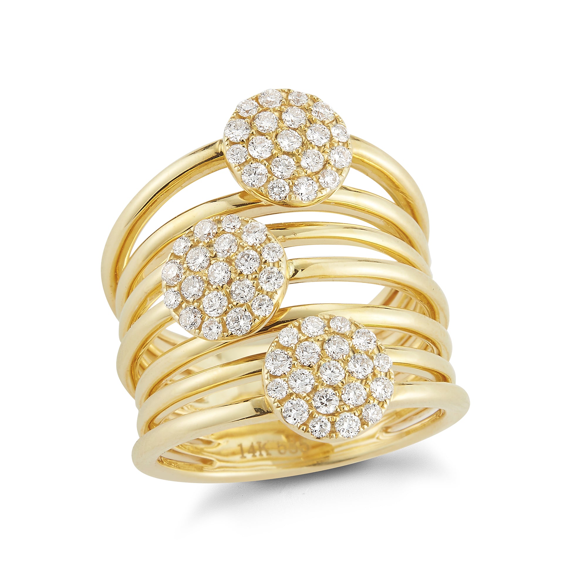 Multi Row Diamond Cluster Ring  14k gold, 12.24 grams, 57 round diamonds .82 carats.  Size width 24 millimeters.