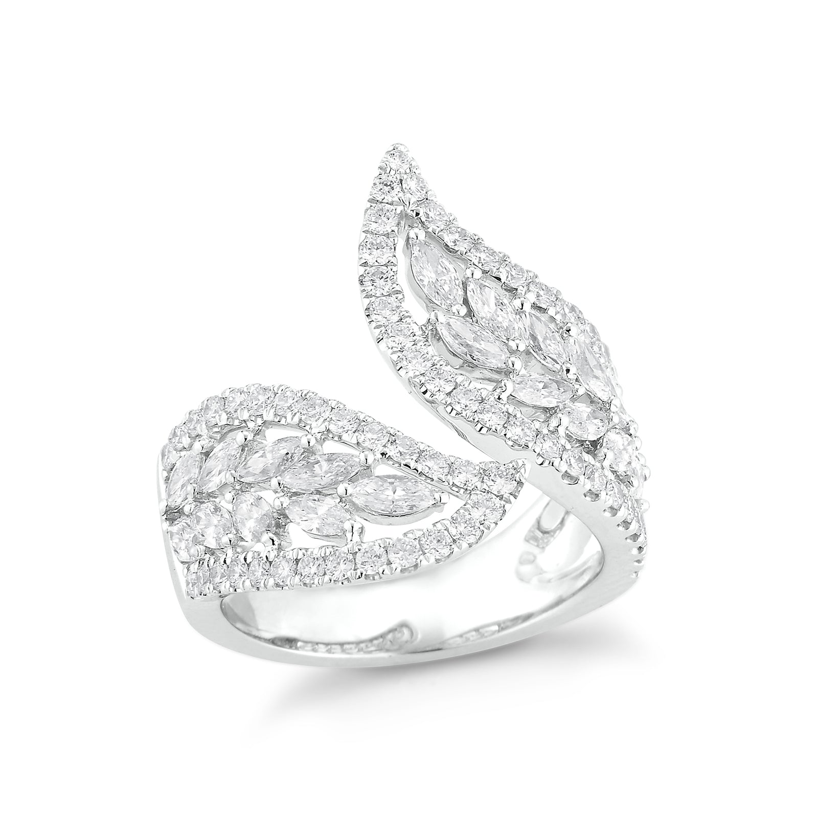 Leaf-Shaped Diamond Ring  -18k gold 8.83 grams  -22 shared prong-set marquise diamonds 1.12 carats  -61 round 4 prong-set diamonds .72 carats.  -22.5 millimeters wide