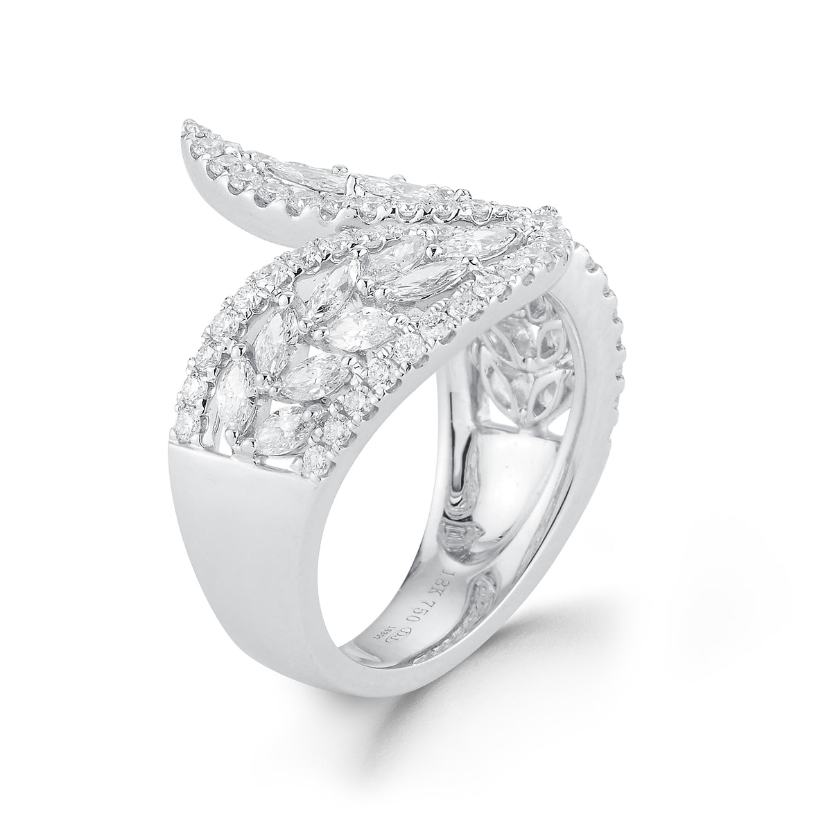 Leaf-Shaped Diamond Ring  -18k gold 8.83 grams  -22 shared prong-set marquise diamonds 1.12 carats  -61 round 4 prong-set diamonds .72 carats.  -22.5 millimeters wide