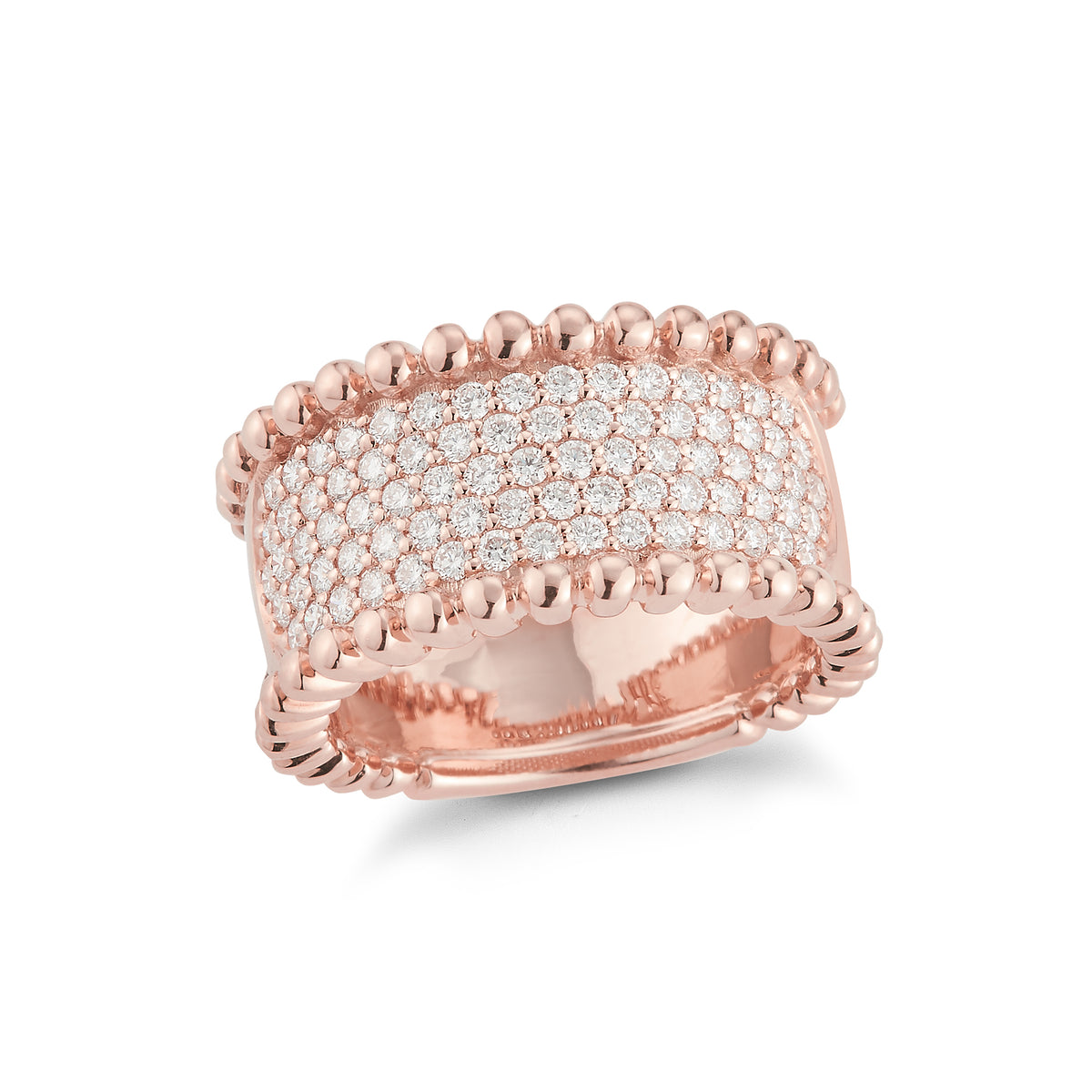 Wide Diamond Band with Gold Bead Edge  18k gold, 10.20 grams, 79 shared prong set round brilliant cut diamonds .90 carats.  Measures 11.00 millimeters width.