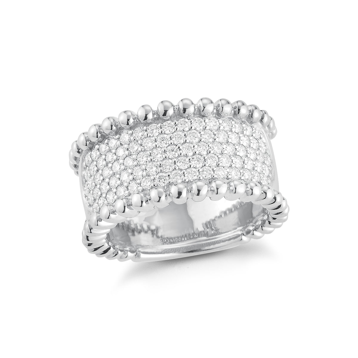 Wide Diamond Band with Gold Bead Edge  18k gold, 10.20 grams, 79 shared prong set round brilliant cut diamonds .90 carats.  Measures 11.00 millimeters width.