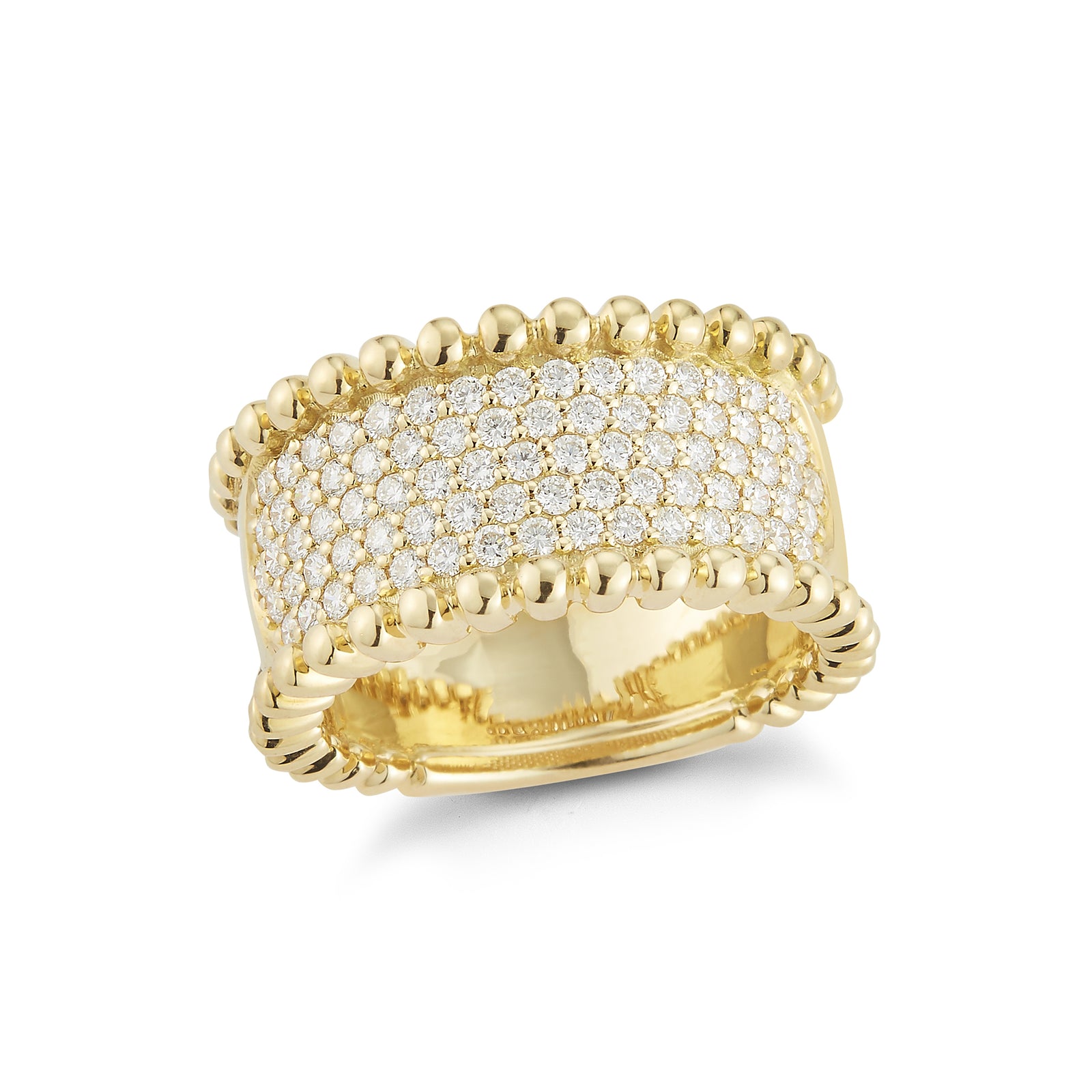 Wide Diamond Band with Gold Bead Edge  18k gold, 10.20 grams, 79 shared prong set round brilliant cut diamonds .90 carats.  Measures 11.00 millimeters width.