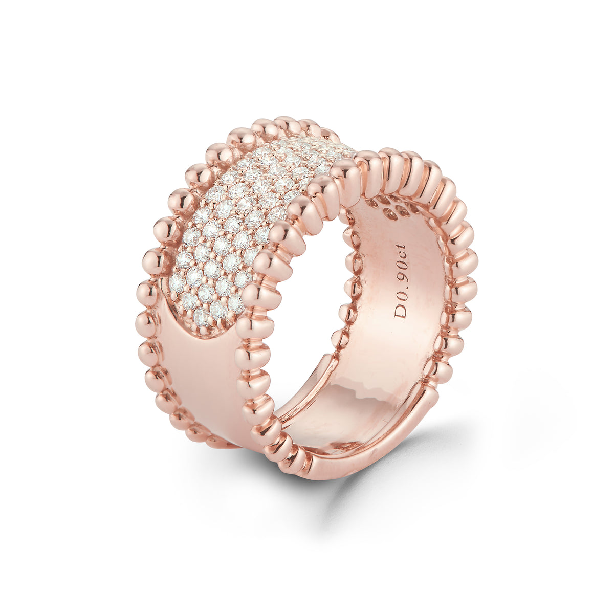 Wide Diamond Band with Gold Bead Edge  18k gold, 10.20 grams, 79 shared prong set round brilliant cut diamonds .90 carats.  Measures 11.00 millimeters width.