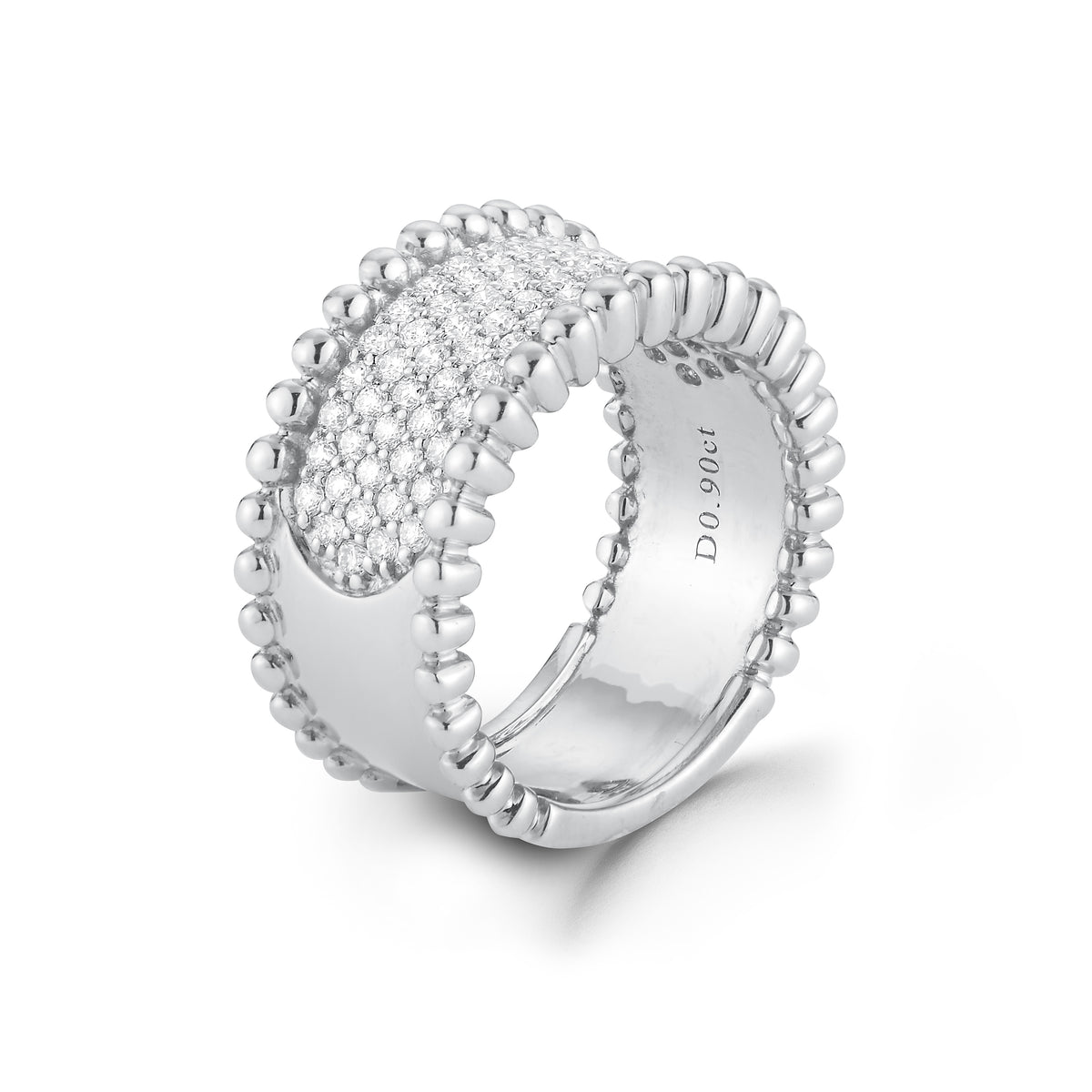 Wide Diamond Band with Gold Bead Edge  18k gold, 10.20 grams, 79 shared prong set round brilliant cut diamonds .90 carats.  Measures 11.00 millimeters width.