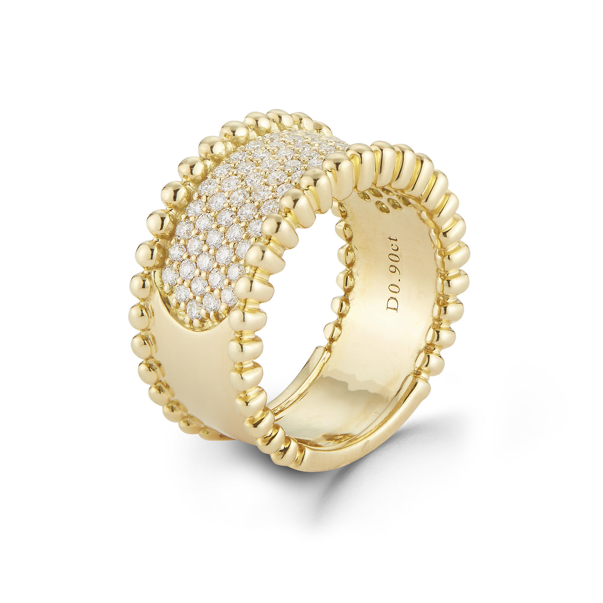 Wide Diamond Band with Gold Bead Edge  18k gold, 10.20 grams, 79 shared prong set round brilliant cut diamonds .90 carats.  Measures 11.00 millimeters width.
