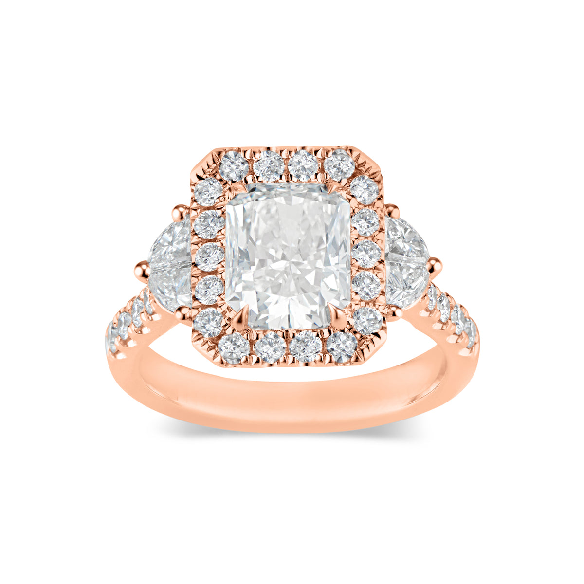 Elongated Radiant-Cut Diamond Engagement Ring  -18K weighting 5.07 GR  - 28 round diamonds totaling 0.60 carats  - 4 half moon diamonds totaling 0.51 carats