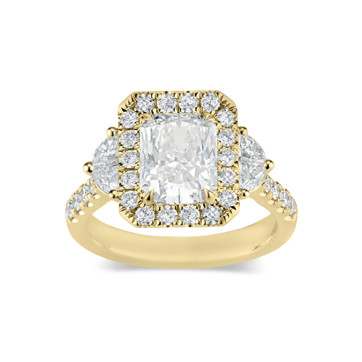 Elongated Radiant-Cut Diamond Engagement Ring  -18K weighting 5.07 GR  - 28 round diamonds totaling 0.60 carats  - 4 half moon diamonds totaling 0.51 carats