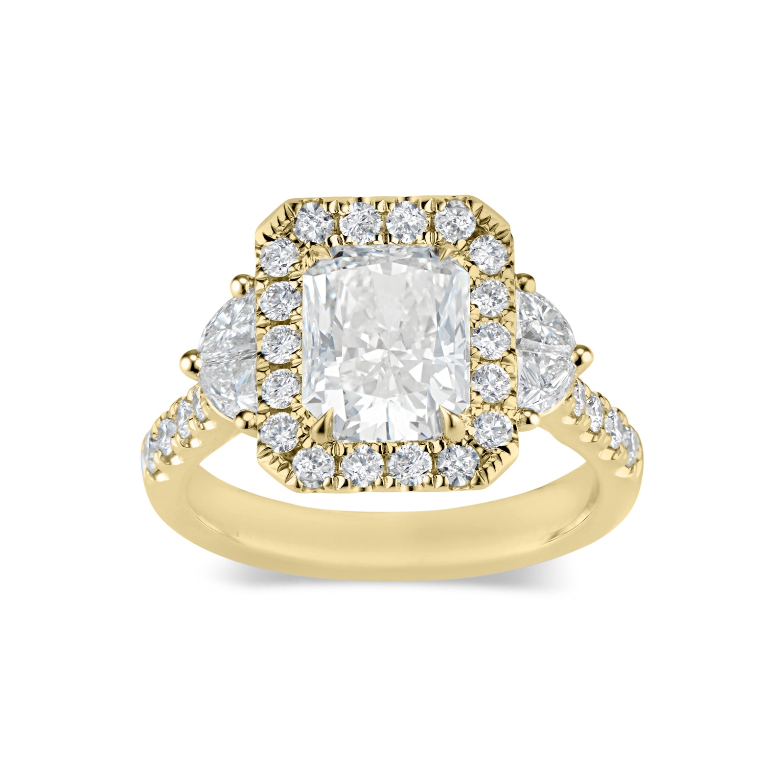 Elongated Radiant-Cut Diamond Engagement Ring  -18K weighting 5.07 GR  - 28 round diamonds totaling 0.60 carats  - 4 half moon diamonds totaling 0.51 carats