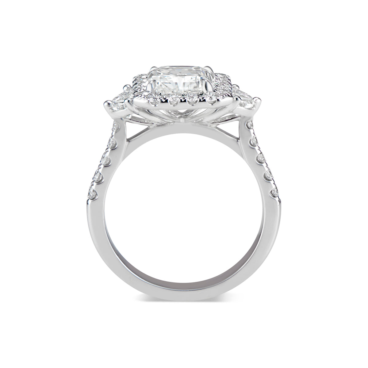 Elongated Radiant-Cut Diamond Engagement Ring  -18K weighting 5.07 GR  - 28 round diamonds totaling 0.60 carats  - 4 half moon diamonds totaling 0.51 carats