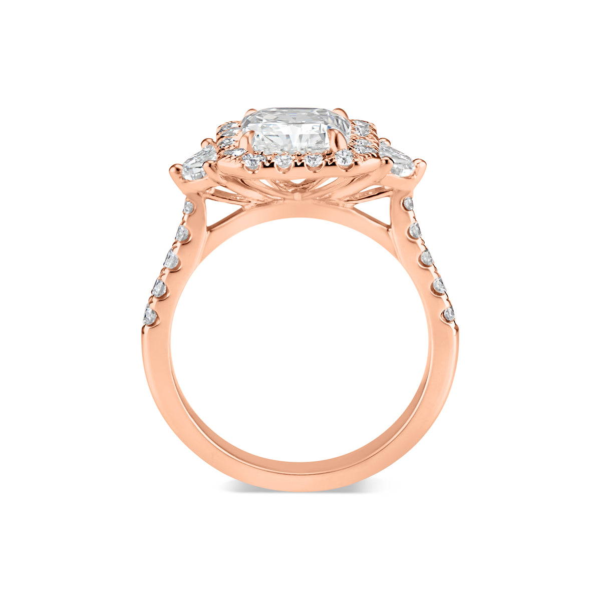 Elongated Radiant-Cut Diamond Engagement Ring  -18K weighting 5.07 GR  - 28 round diamonds totaling 0.60 carats  - 4 half moon diamonds totaling 0.51 carats