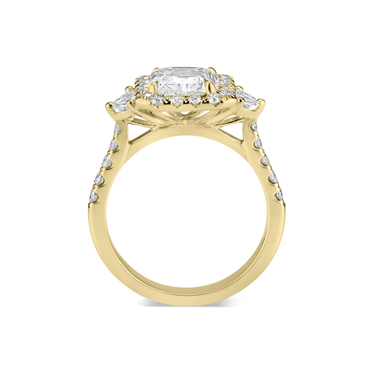 Elongated Radiant-Cut Diamond Engagement Ring  -18K weighting 5.07 GR  - 28 round diamonds totaling 0.60 carats  - 4 half moon diamonds totaling 0.51 carats