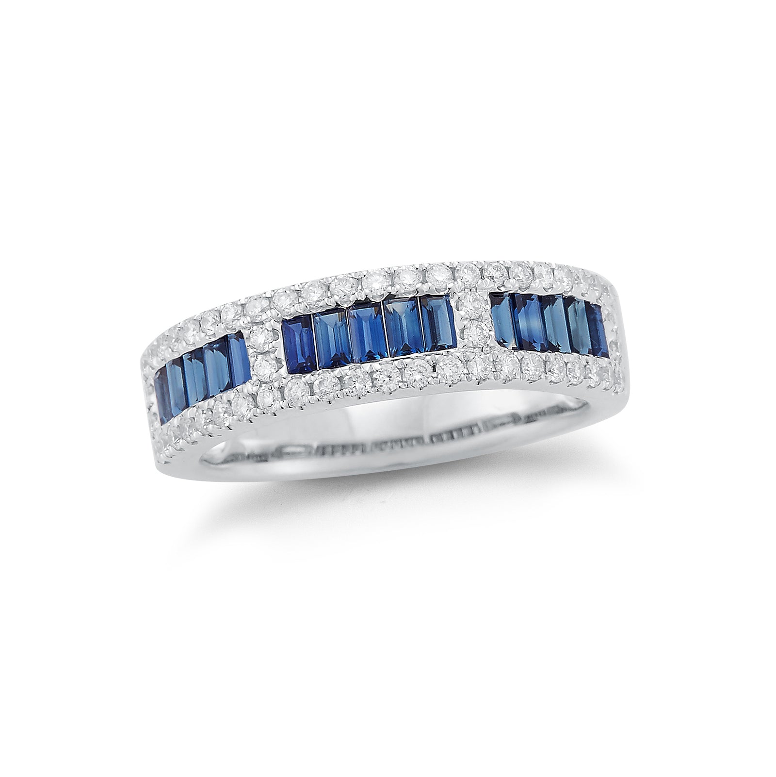 Blue sapphire baguette & diamond ring 18k gold, 5.23 grams, 52 round shared prong-set diamonds .39 carats, 15 sapphires baguettes .94 carats.  Size 5.61 millimeters width.