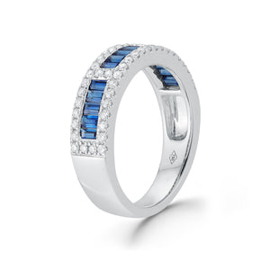 Blue sapphire baguette & diamond ring 18k gold, 5.23 grams, 52 round shared prong-set diamonds .39 carats, 15 sapphires baguettes .94 carats.  Size 5.61 millimeters width.
