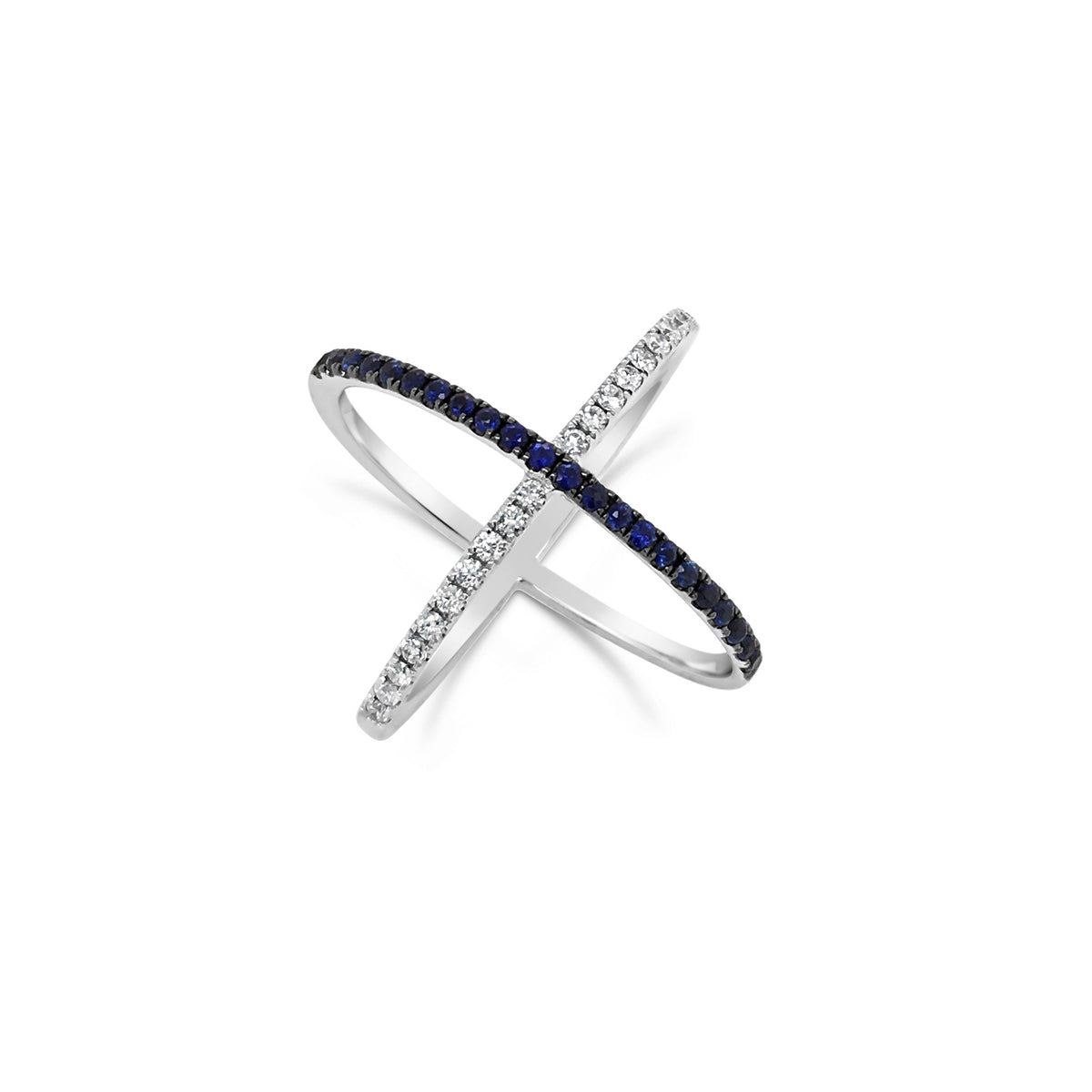 Diamond and Sapphire X Ring -18k gold weighing 3.83 grams  -20 round diamonds weighing .24 carats  -22 round sapphire gemstones weighing .33 carats