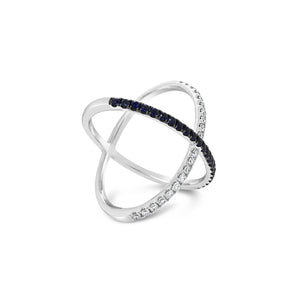 Diamond and Sapphire X Ring -18k gold weighing 3.83 grams  -20 round diamonds weighing .24 carats  -22 round sapphire gemstones weighing .33 carats