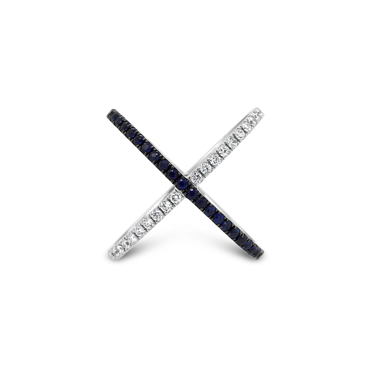 Diamond and Sapphire X Ring -18k gold weighing 3.83 grams  -20 round diamonds weighing .24 carats  -22 round sapphire gemstones weighing .33 carats