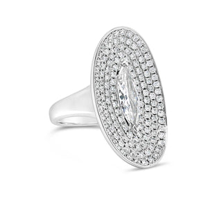 Diamond Marquis Oval Ring  -18K gold weighing 13.40 grams  -0.90 ct marquise-shaped diamond (GIA-graded G color, VS2 clarity)  -132 round diamonds totaling 1.21 carats