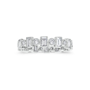 Alternating Round & Baguette Diamond Eternity Band with Milgrain  -18k gold weighing 2.19 grams  -12 straight baguettes weighing .89 carats  -12 round diamonds weighing .36 carats