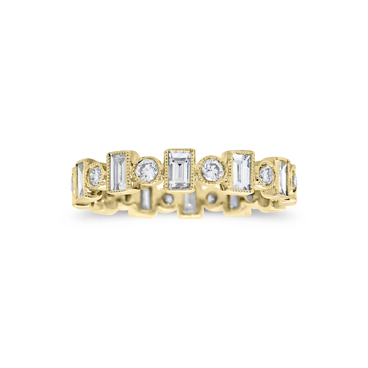 Alternating Round & Baguette Diamond Eternity Band with Milgrain  -18k gold weighing 2.19 grams  -12 straight baguettes weighing .89 carats  -12 round diamonds weighing .36 carats