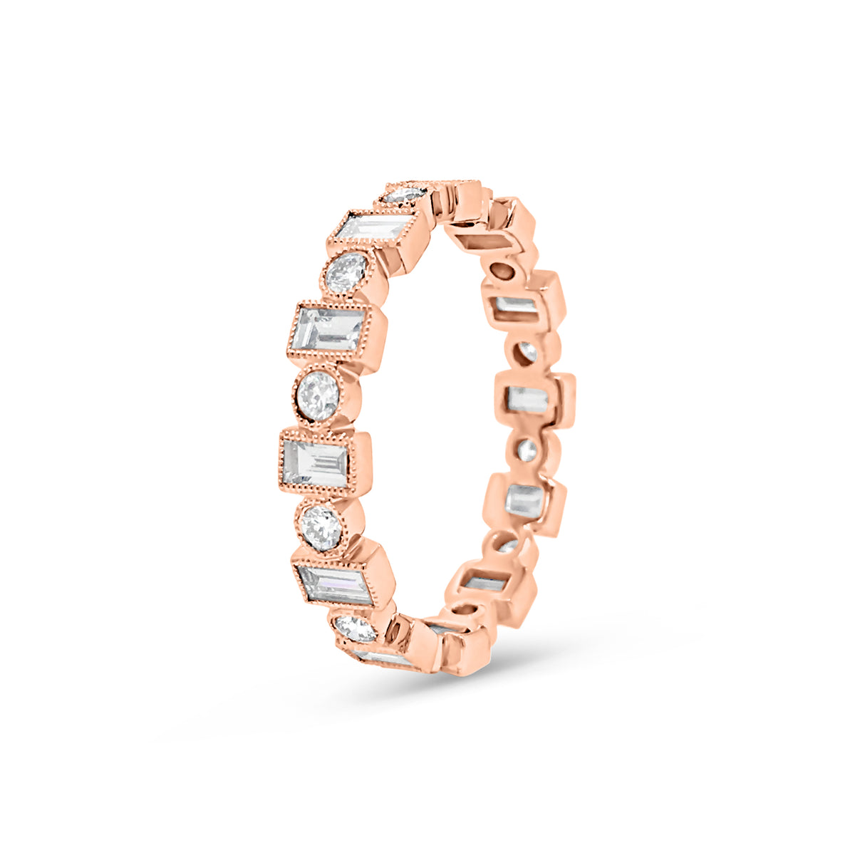 Alternating Round & Baguette Diamond Eternity Band with Milgrain  -18k gold weighing 2.19 grams  -12 straight baguettes weighing .89 carats  -12 round diamonds weighing .36 carats