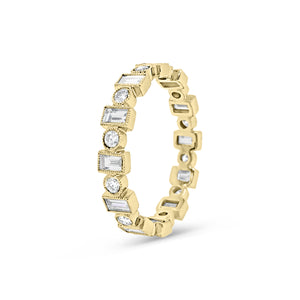 Alternating Round & Baguette Diamond Eternity Band with Milgrain  -18k gold weighing 2.19 grams  -12 straight baguettes weighing .89 carats  -12 round diamonds weighing .36 carats