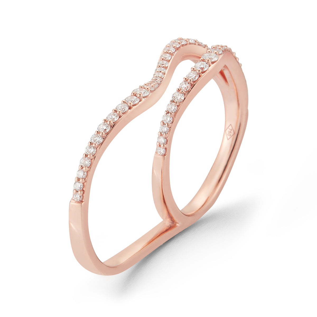 Wavy Double-finger Diamond Ring  -18k gold 5.82 grams  -57 round shared prong-set diamonds .58 carats.