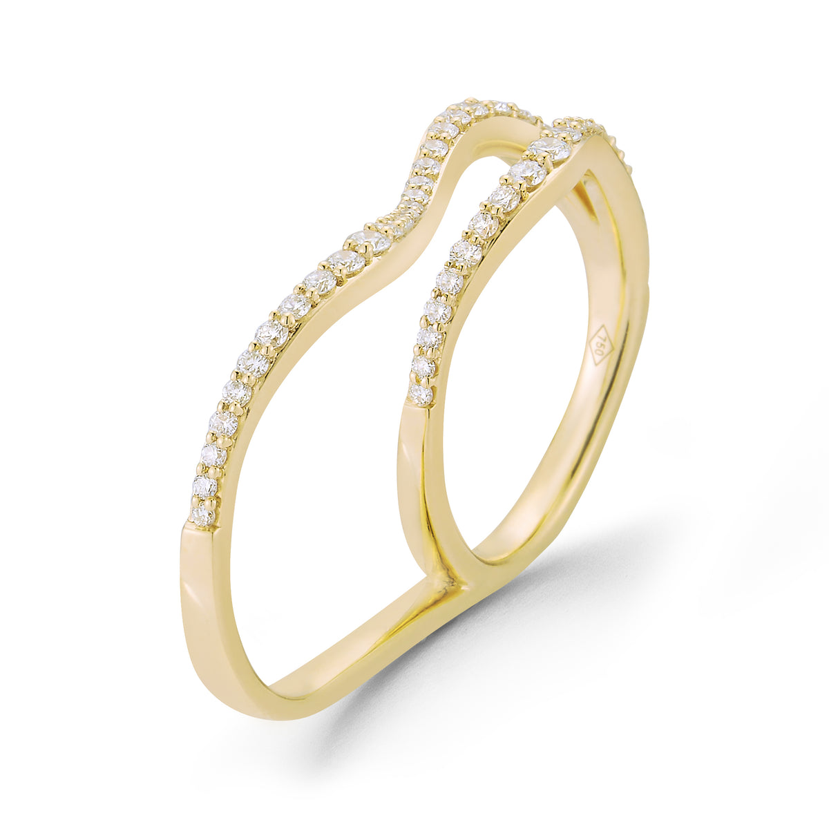 Wavy Double-finger Diamond Ring  -18k gold 5.82 grams  -57 round shared prong-set diamonds .58 carats.