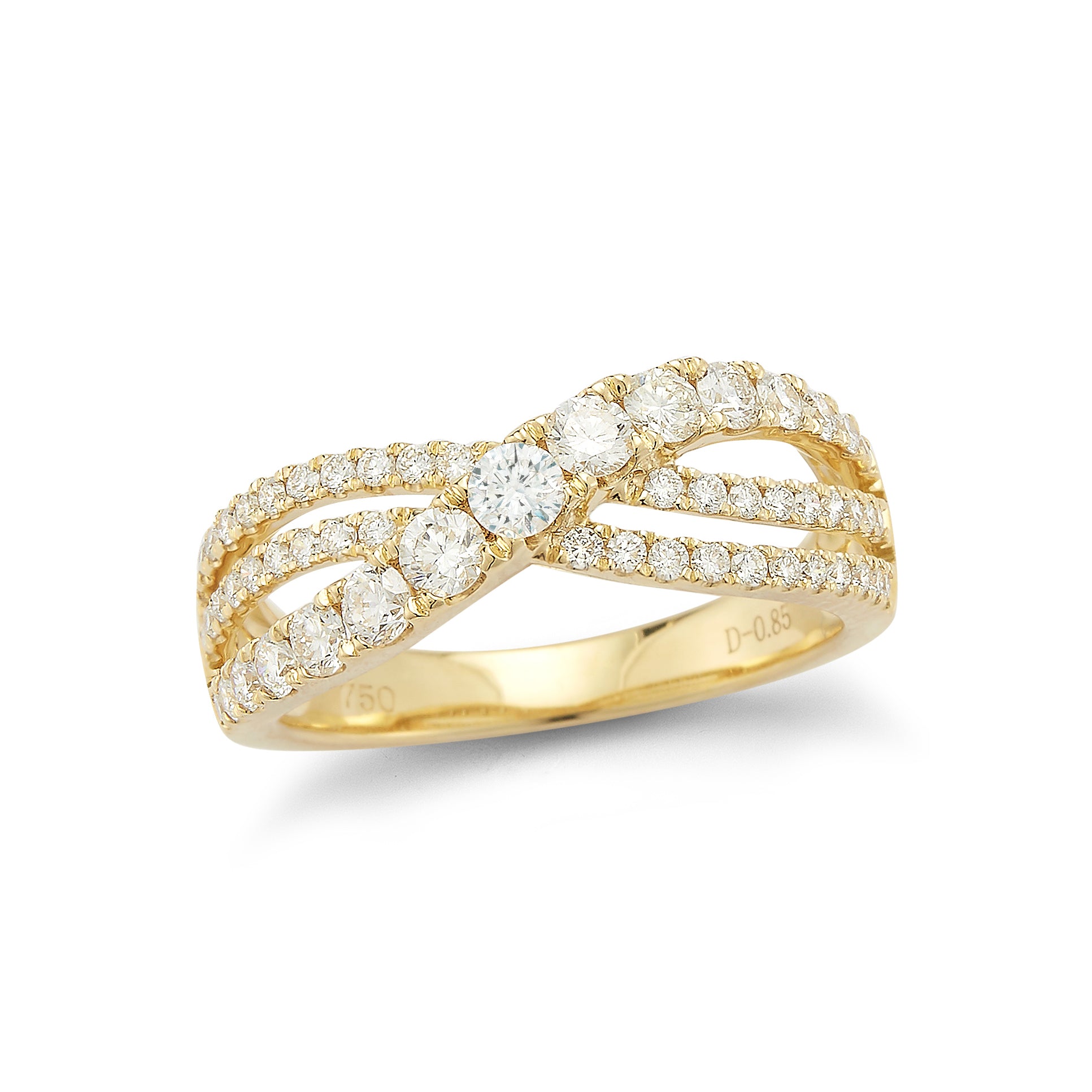 Diamond Twist Ring  18k gold, 4.21 grams, 56 round prong set diamonds .85 carats.