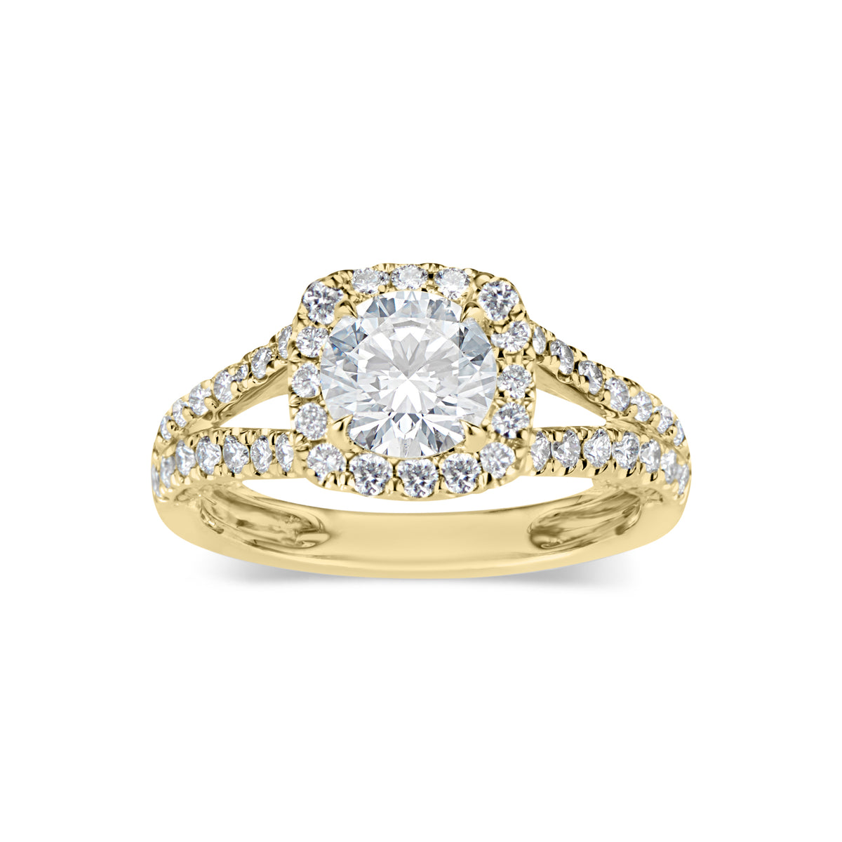 Cushion Halo Diamond Engagement Ring with Split Shank  -18K Weighting 5.28 GR  - 58 round diamonds totaling 0.88 carats