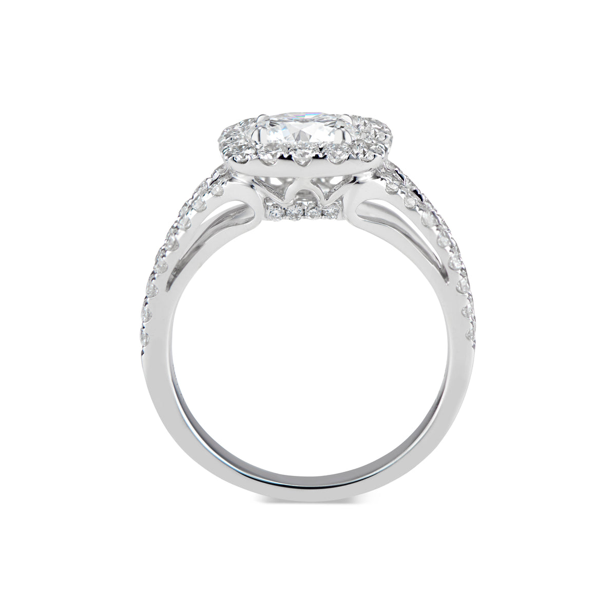 Cushion Halo Diamond Engagement Ring with Split Shank  -18K Weighting 5.28 GR  - 58 round diamonds totaling 0.88 carats