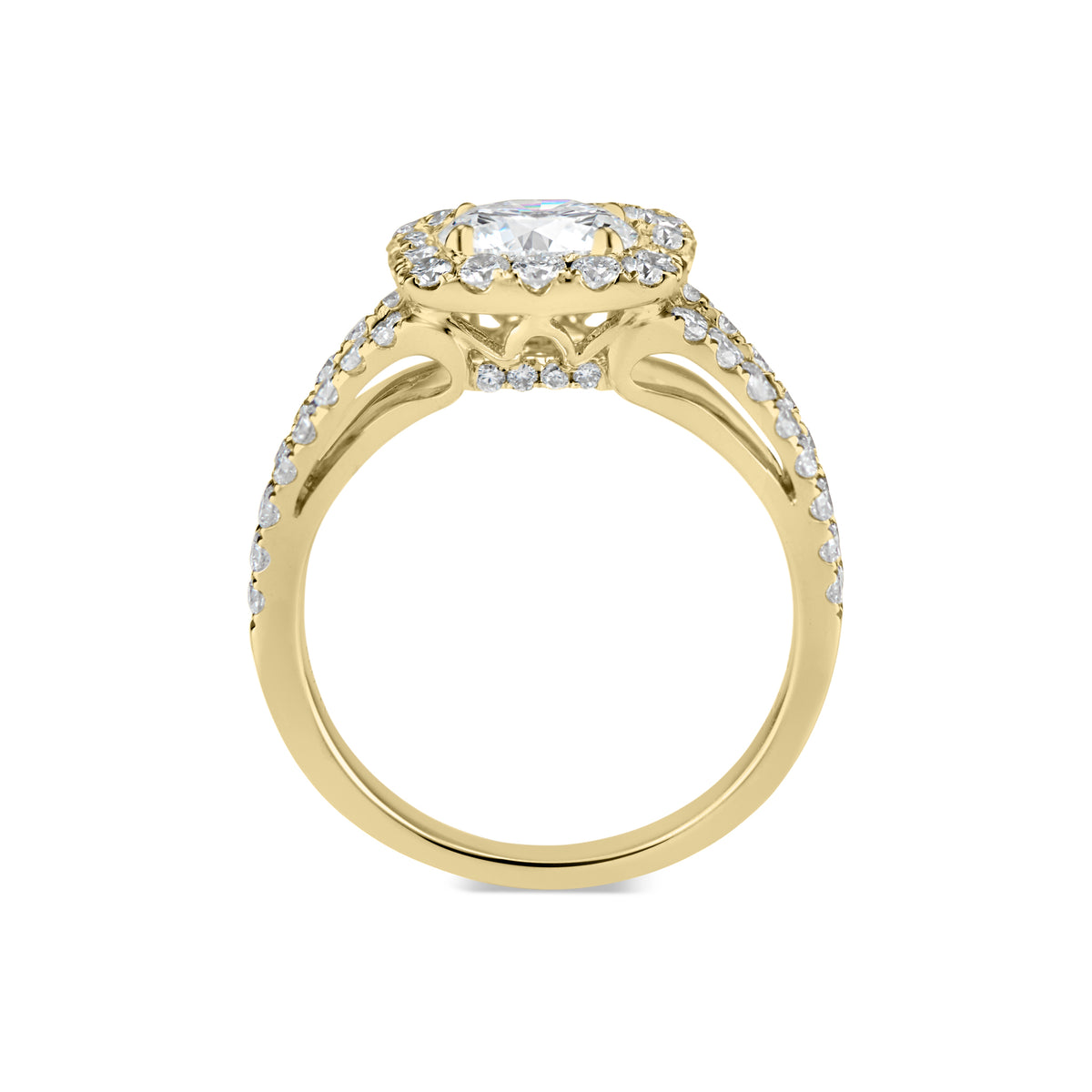 Cushion Halo Diamond Engagement Ring with Split Shank  -18K Weighting 5.28 GR  - 58 round diamonds totaling 0.88 carats