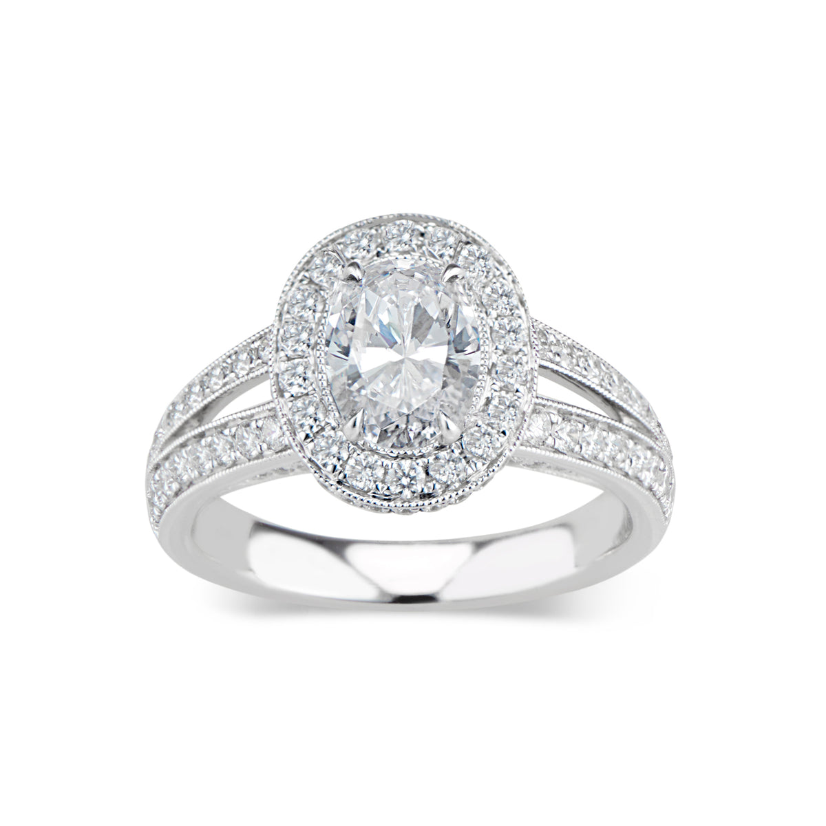 Oval Halo Diamond Engagement Ring with Split Shank - 18K weighting 6.08 GR - 112 round diamonds totaling 0.90 carats