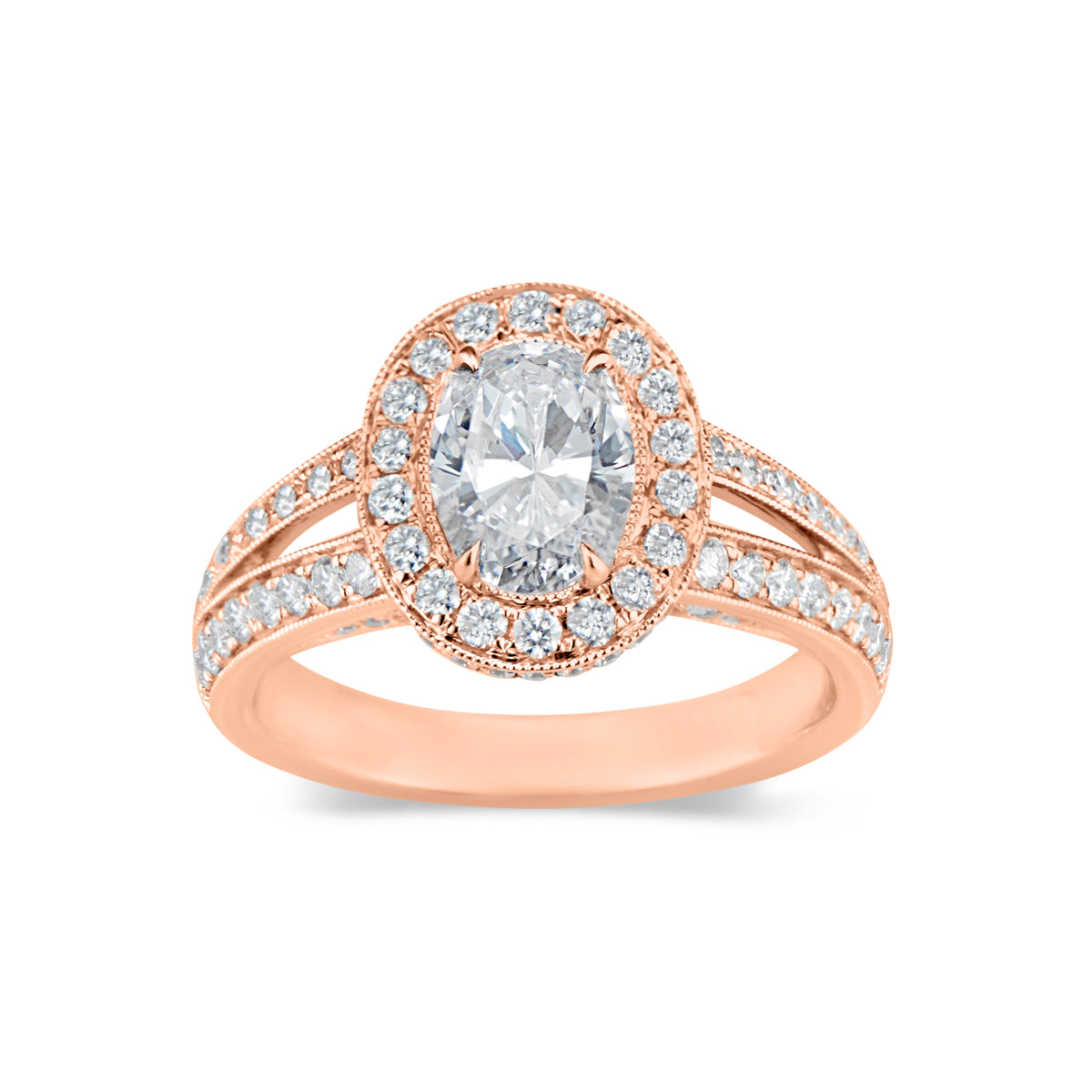 Oval Halo Diamond Engagement Ring with Split Shank - 18K weighting 6.08 GR - 112 round diamonds totaling 0.90 carats