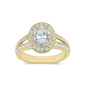 Oval Halo Diamond Engagement Ring with Split Shank - 18K weighting 6.08 GR - 112 round diamonds totaling 0.90 carats