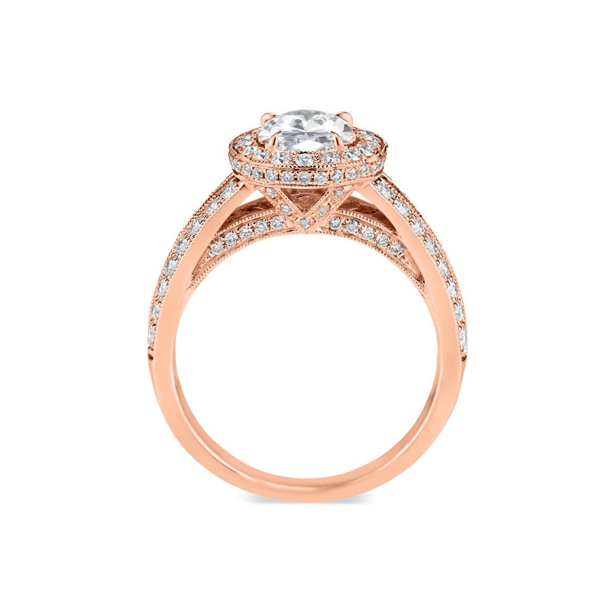 Oval Halo Diamond Engagement Ring with Split Shank - 18K weighting 6.08 GR - 112 round diamonds totaling 0.90 carats