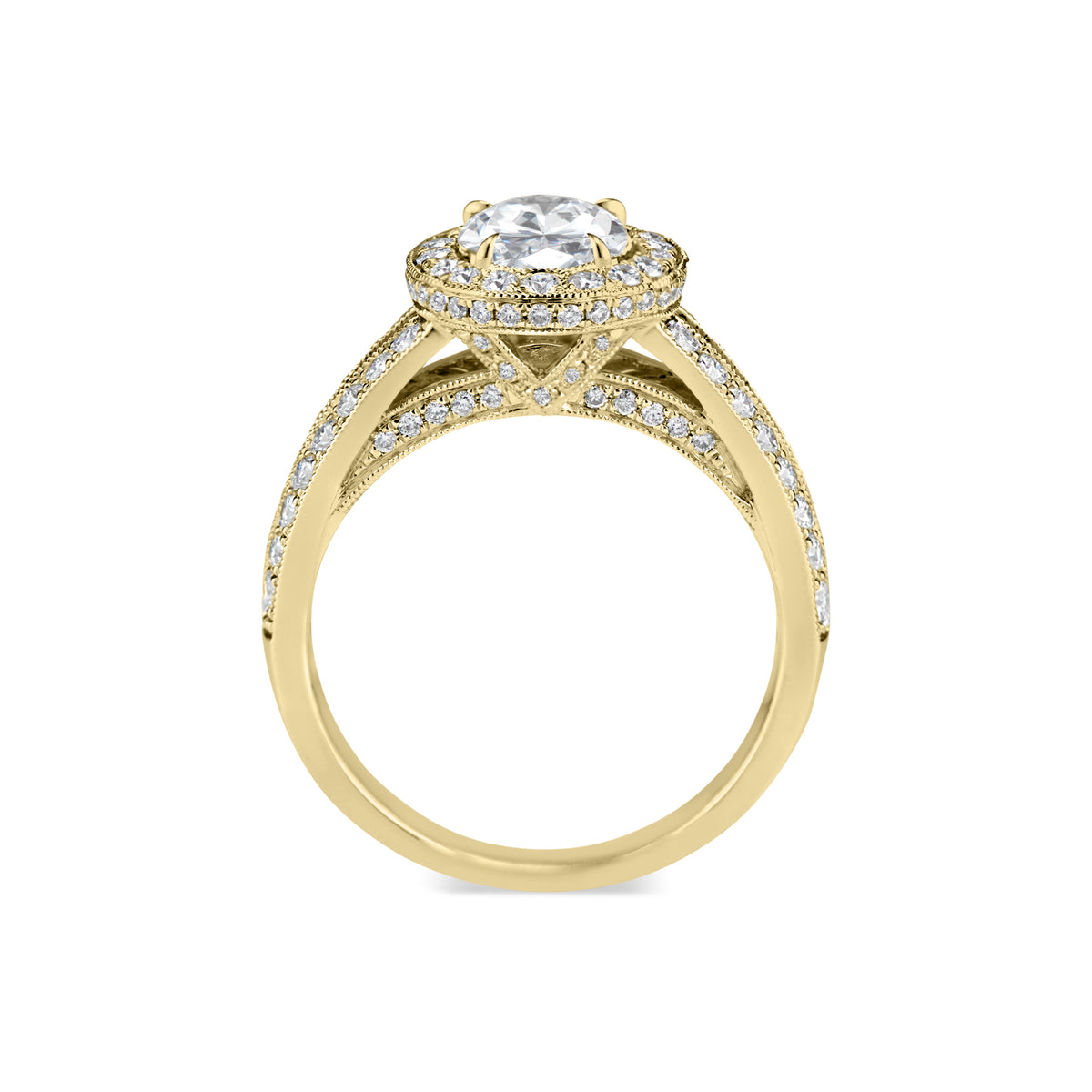 Oval Halo Diamond Engagement Ring with Split Shank - 18K weighting 6.08 GR - 112 round diamonds totaling 0.90 carats