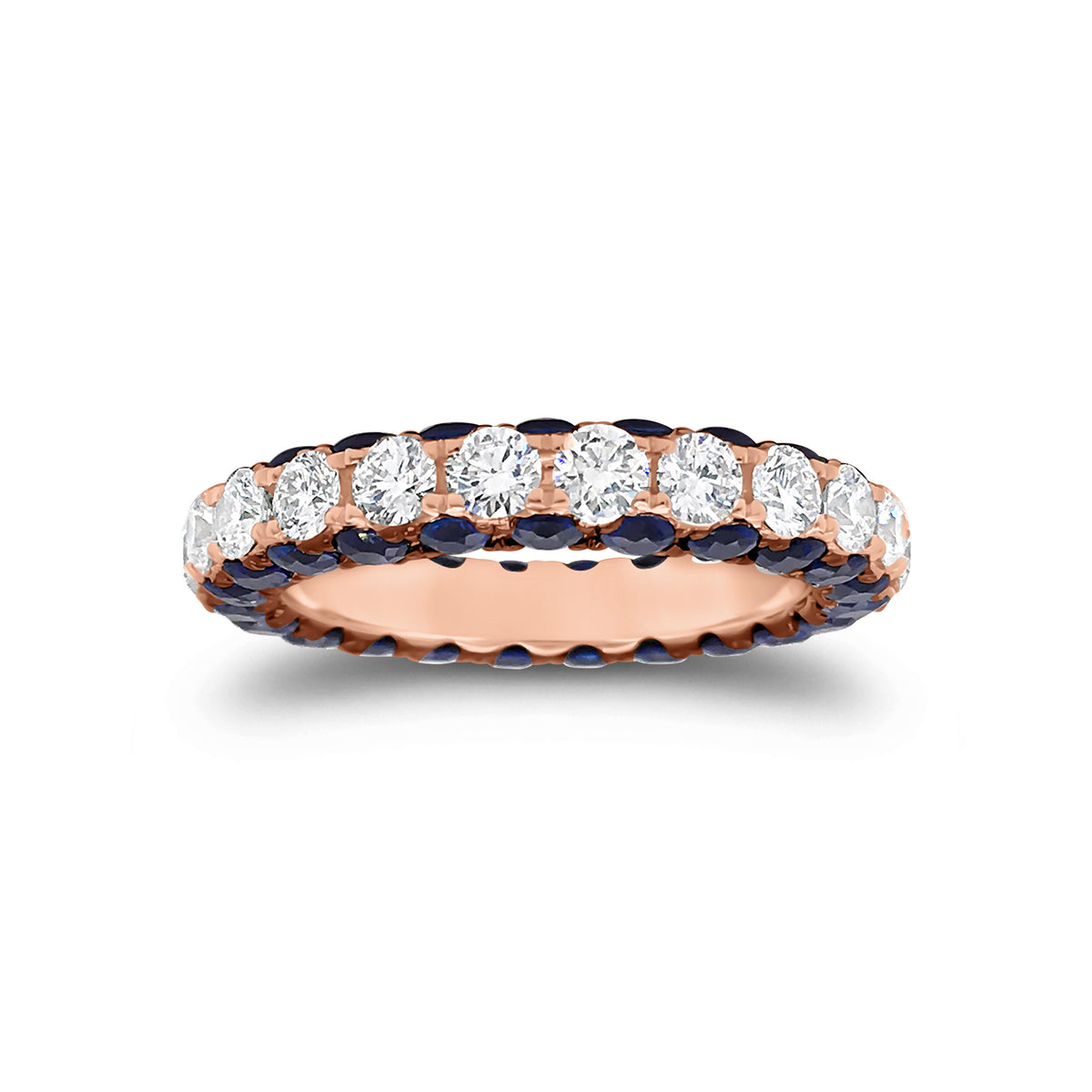 Sapphire gemstone & diamond eternity wedding band -18k gold weighing 3.91 grams -23 round diamonds weighing 1.89 carats -46 sapphire gemstones weighing 2.79 carats