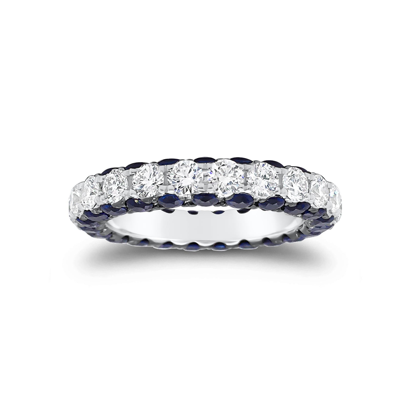 Sapphire gemstone & diamond eternity wedding band -18k gold weighing 3.91 grams -23 round diamonds weighing 1.89 carats -46 sapphire gemstones weighing 2.79 carats