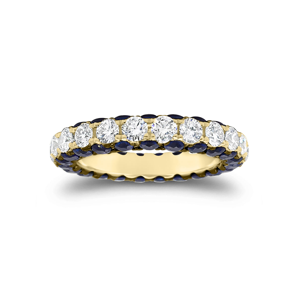 Sapphire gemstone & diamond eternity wedding band -18k gold weighing 3.91 grams -23 round diamonds weighing 1.89 carats -46 sapphire gemstones weighing 2.79 carats
