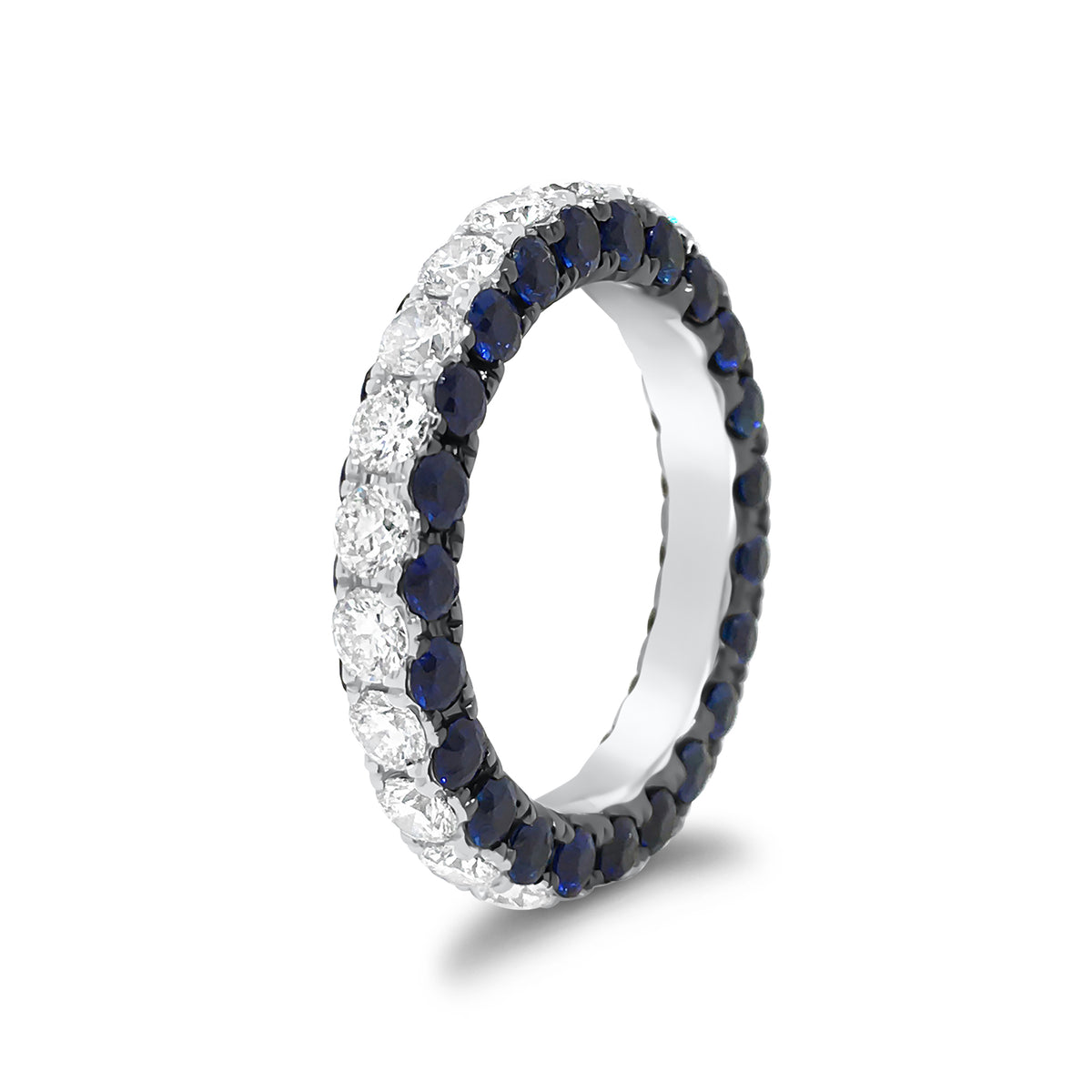 Sapphire gemstone & diamond eternity wedding band -18k gold weighing 3.91 grams -23 round diamonds weighing 1.89 carats -46 sapphire gemstones weighing 2.79 carats